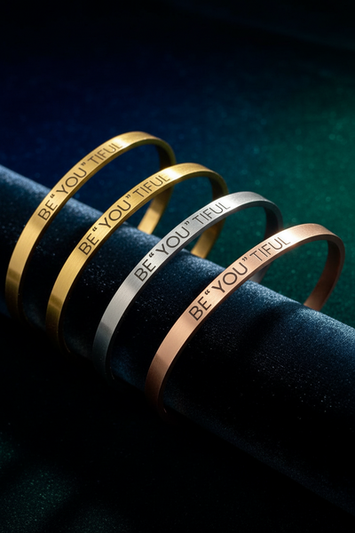 Three gold, silver, and rose gold bracelets with 'BE YOU TRUE' text on a dark background
