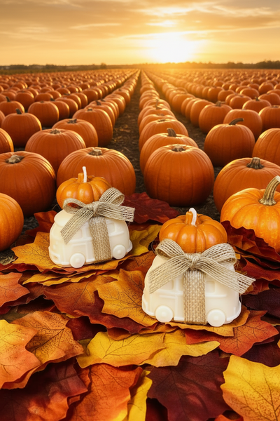 Decorative soap bars with pumpkin decorations on a textured beige background