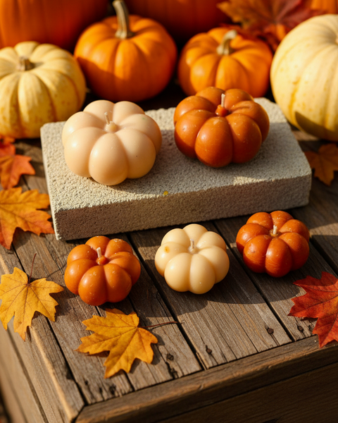 Small pumpkins on a stone surface with a burlap background