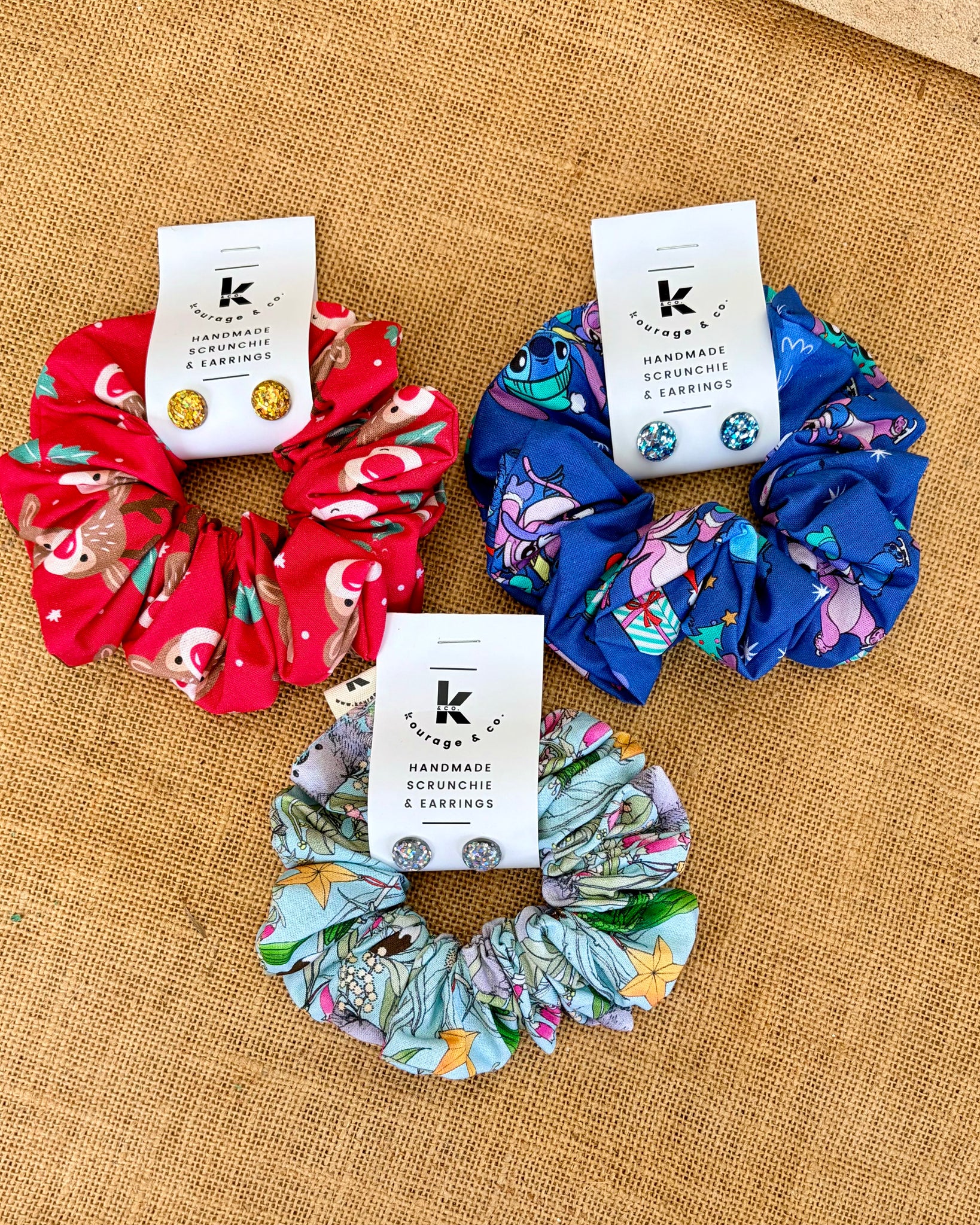 Christmas Scrunchie & Glitter Stud Earring Set