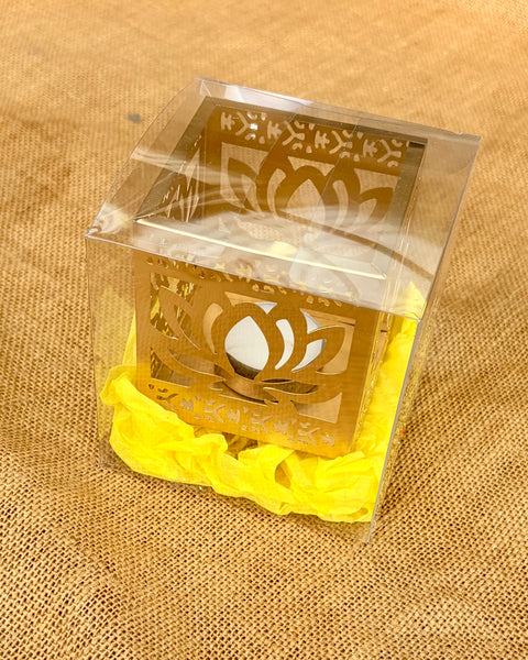 Gold Lotus Tealight Holder | Square Diwali Decor