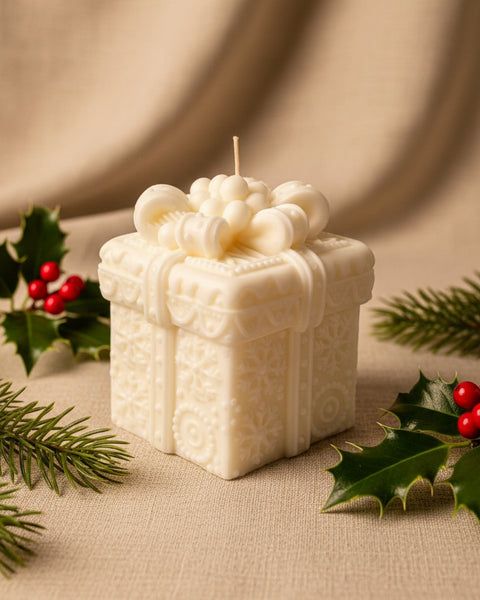 A white gift box candle with embossed floral patterns, a bow, and a grape decoration on top, resting on a textured tan burlap background.